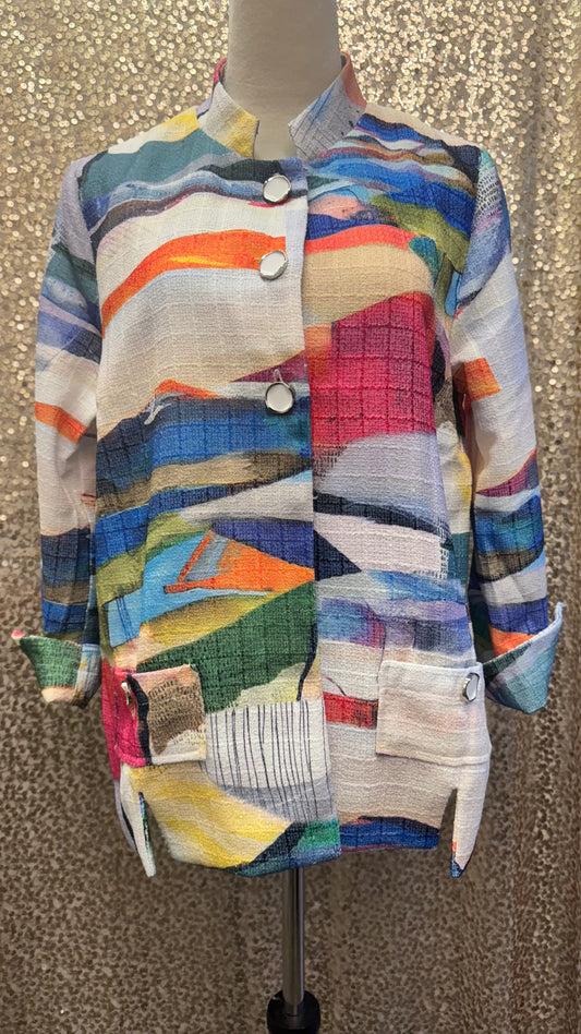 LG HANDPRINTED STAND COLLAR JACKET WITH BUTTON DETAILS