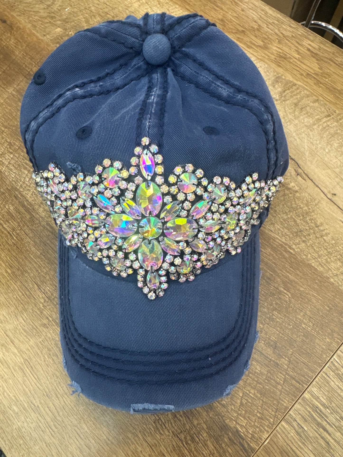 O&P BEJEWELED BLING GLITZ DISTRESSED ADJ NAVY GUNMETAL/AB