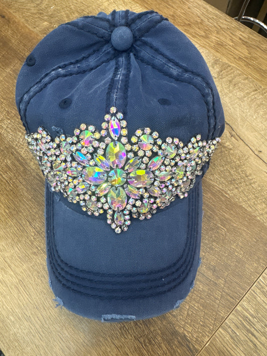 O&P BEJEWELED BLING GLITZ DISTRESSED ADJ NAVY GUNMETAL/AB