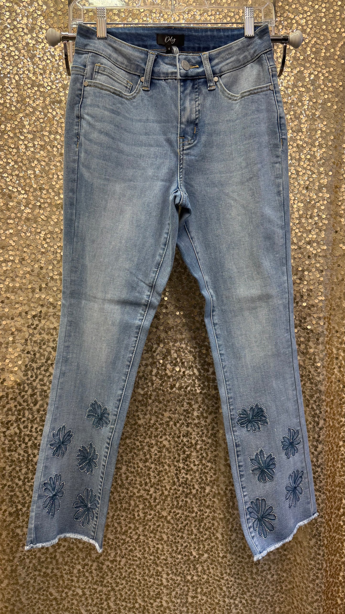 ORLY DENIM PANTS WITH RHINSTONE LINED FLOWERS