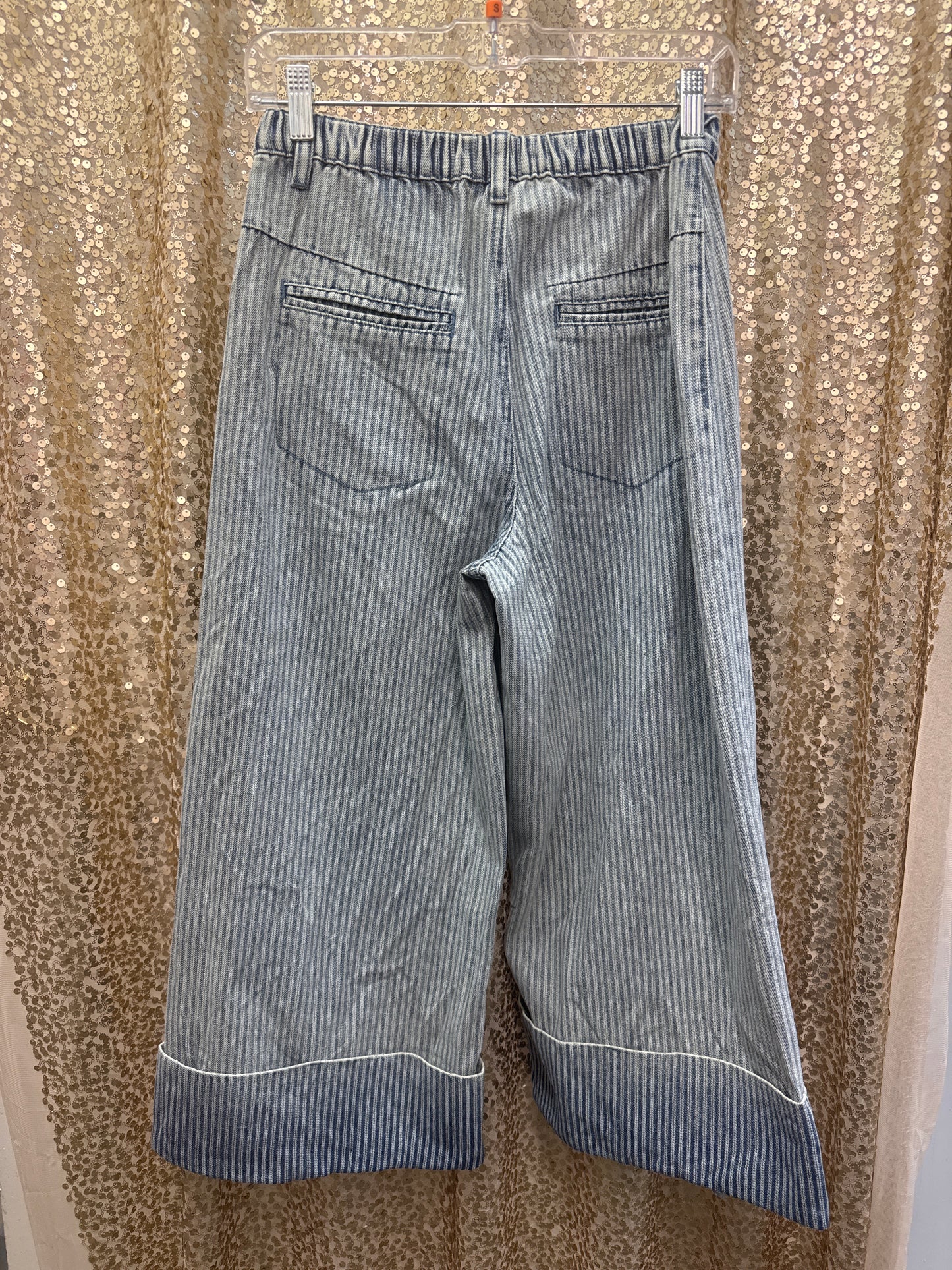 EASEL STRIPPED WASHED DENIM WIDE LEG JEANS W/CUFF