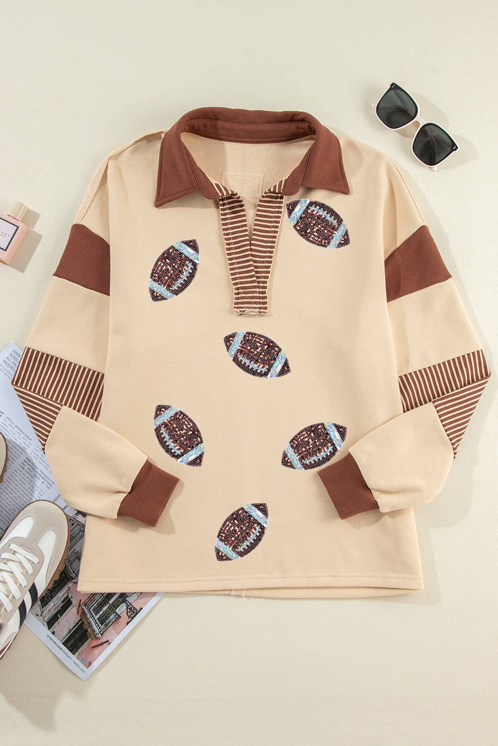 LA STRIPED PATCHWORK SEQUIN RUGBY GRAPHIC POLO SWEATSHIRT
