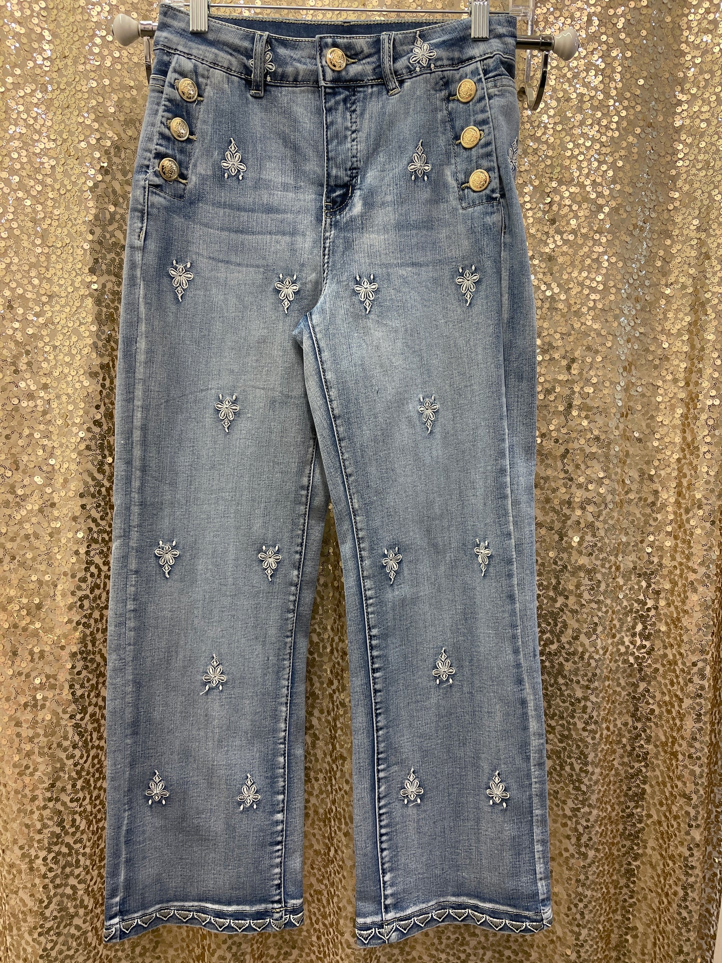 ORLY DENIM PANT GOLD SIDE BUTTONS EMB. FLOWER