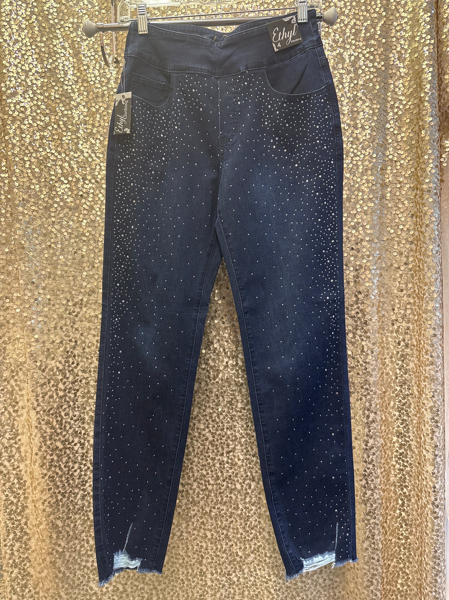ETHYL PULLON ANKLE LENGTH DENIM WITH SCATTERED RHINESTONES