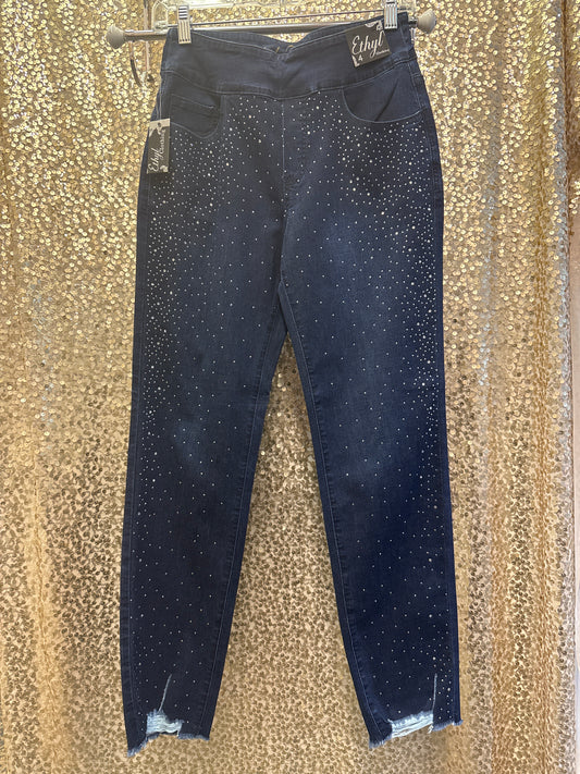 ETHYL PULLON ANKLE LENGTH DENIM WITH SCATTERED RHINESTONES