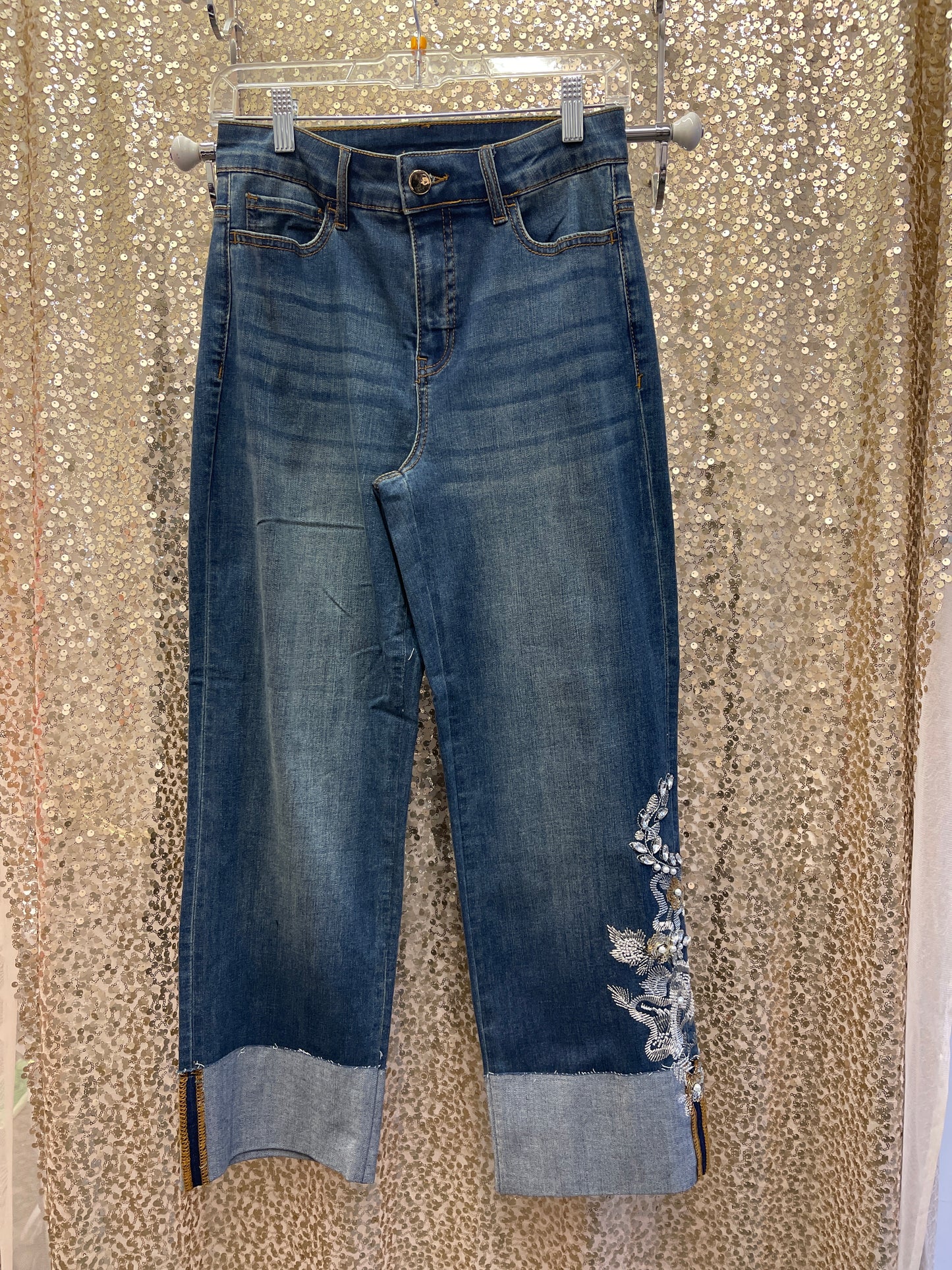 ORLY DENIM JEAN ROLLED CUFF SEQUIN EMB. LEFT SIDE