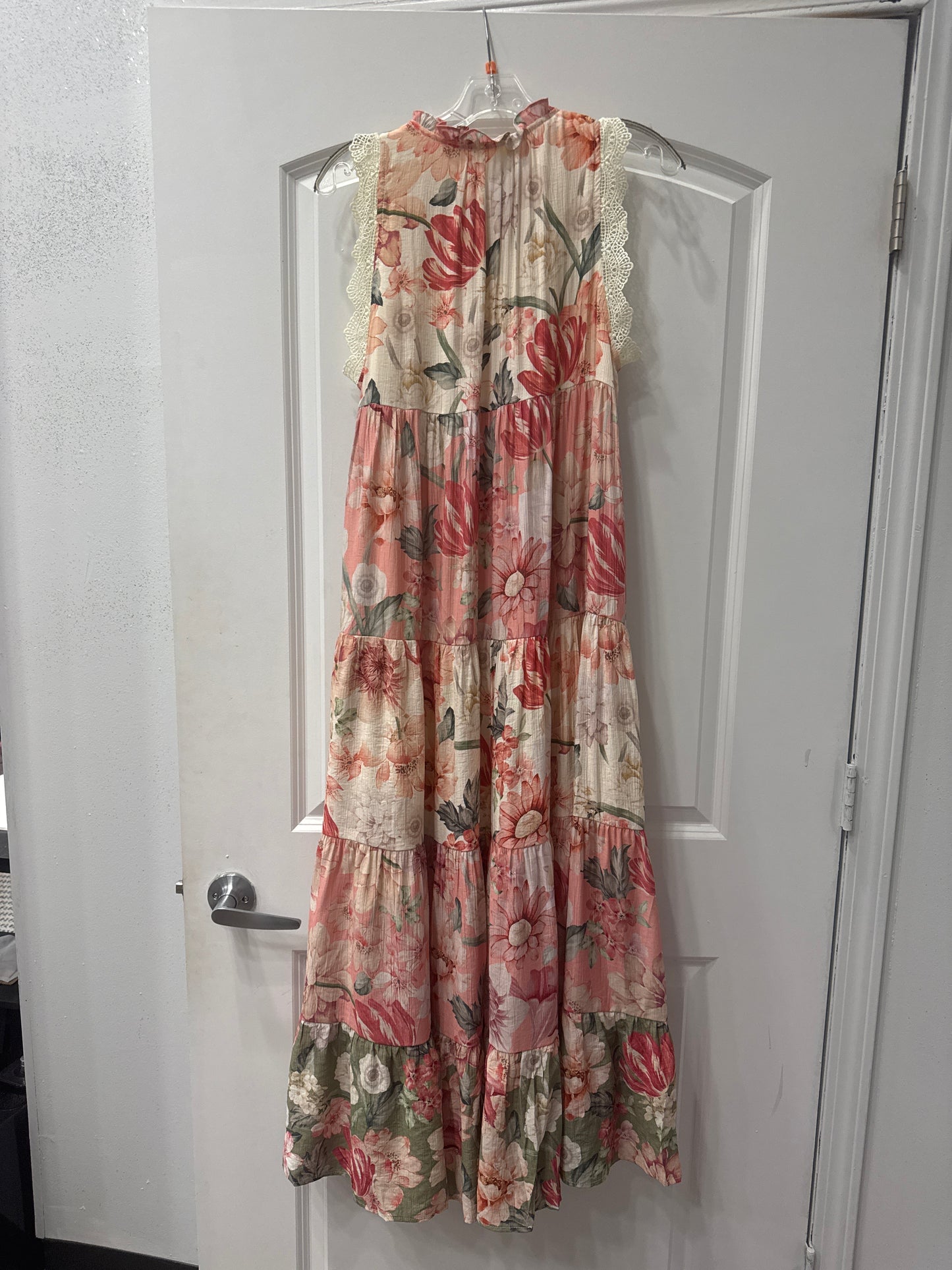 D&D FLORAL MIXED BLOCK LACE TRIM SL MIDI DRESS