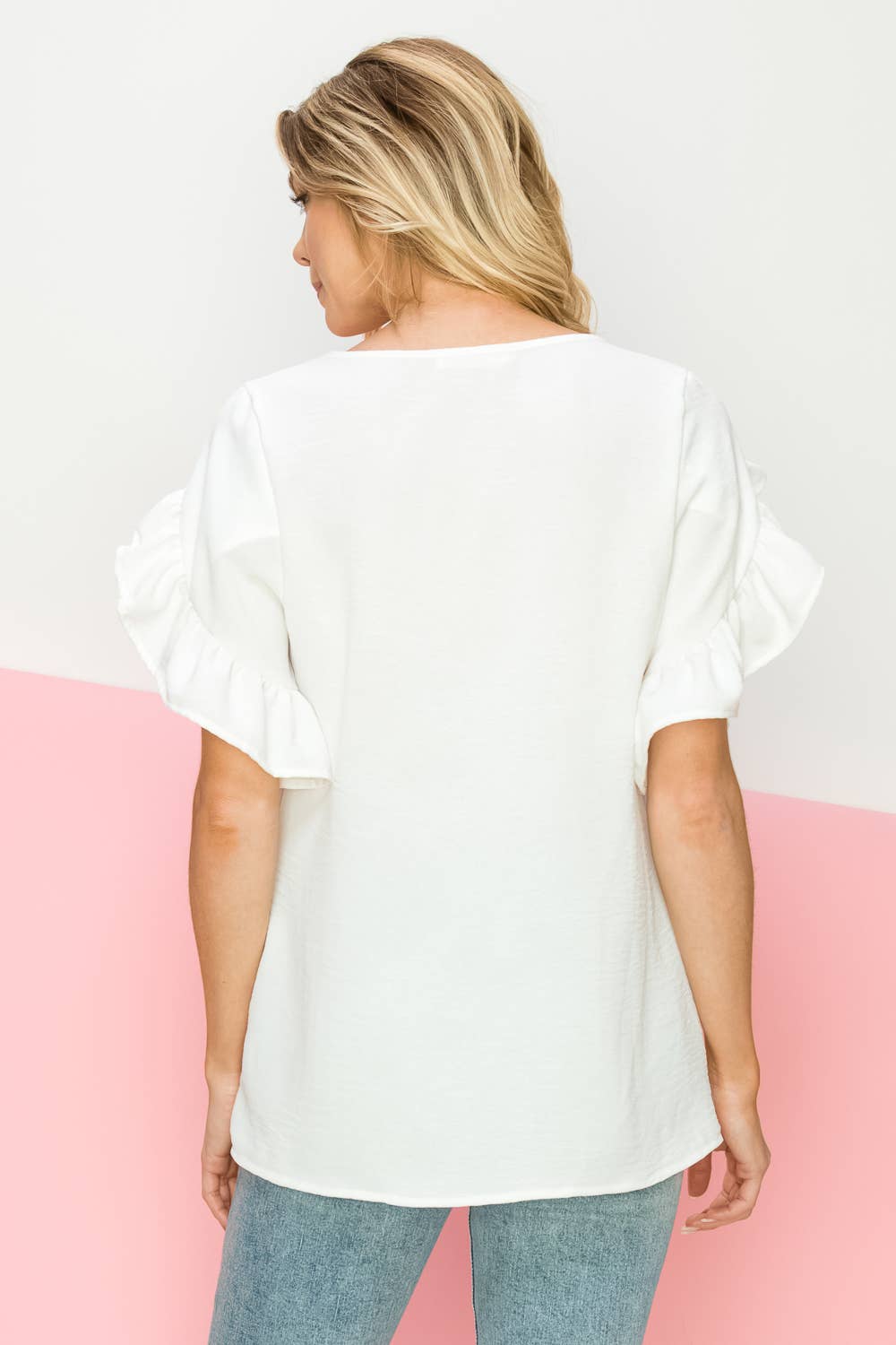 FSL RUFFLED TULIP SLEEVE V NECK TOP