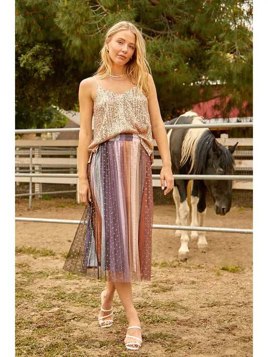 STAR FOILED MESH COLOR BLOCK SKIRT