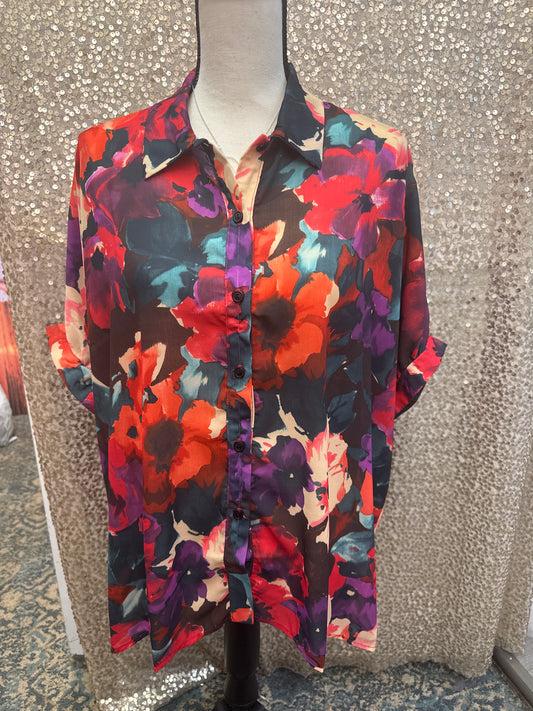 FSL FLORAL PRINTED SHIRT BUTTON FRONT SHORT SLEEVE