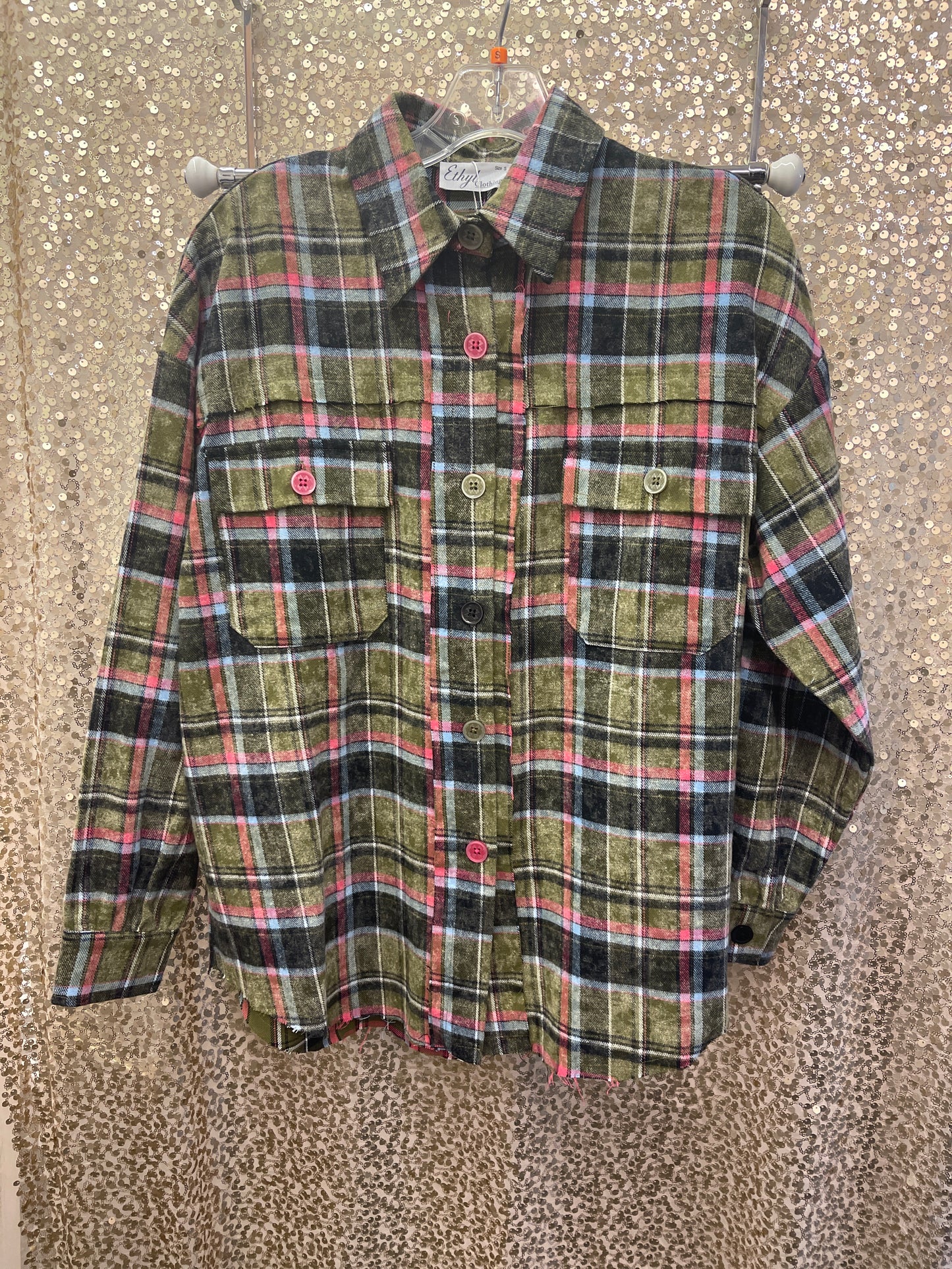 ETHYL SAGE/PINK FLANNEL TOP/JKT FRONT BUTTON