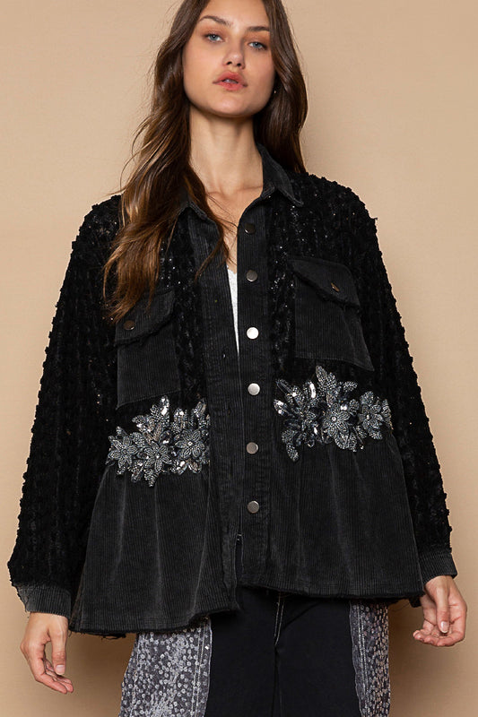 CORDUROY BLK L/S APPLIQUE JKT