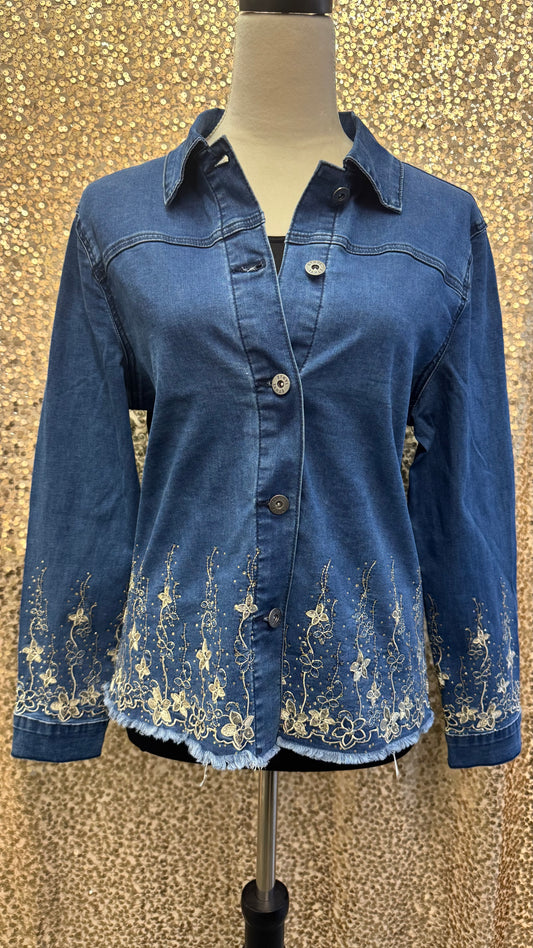 ETHYL DENIM JACKET WITH TAN EMBROIDERY