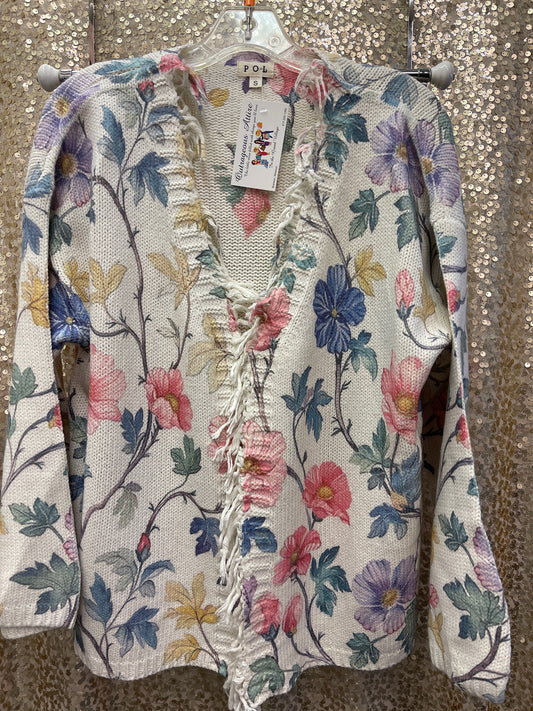 POL CREAM FLORAL SWEATER TRIMMED IN FRINGE