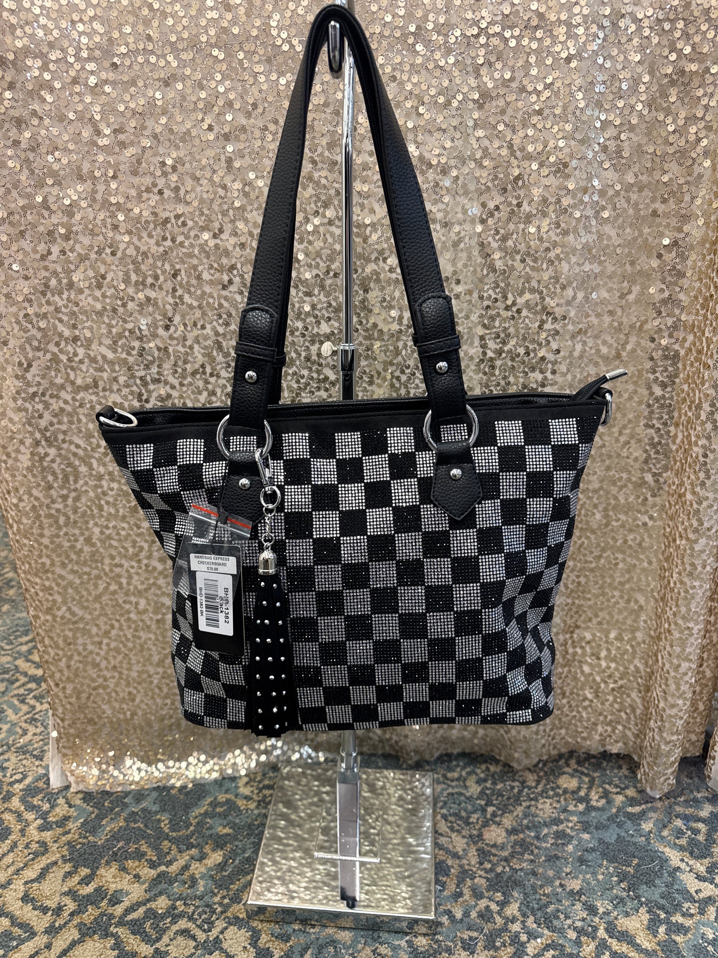 HANDBAG EXPRESS CHECKERBOARD BLING TOTE