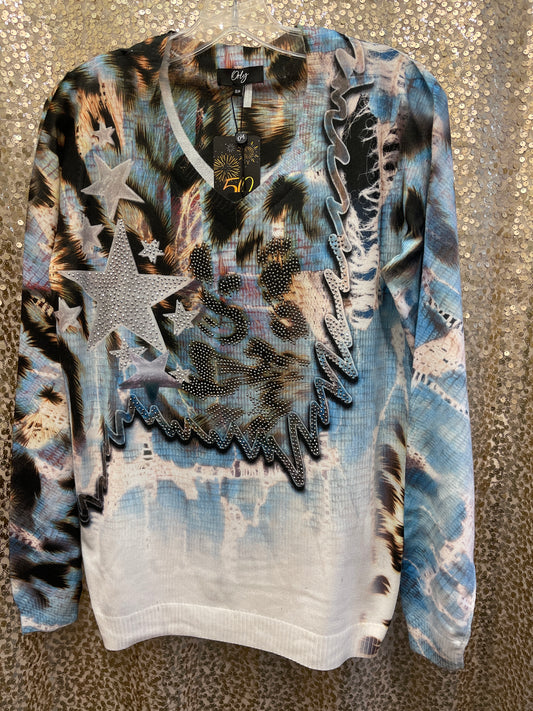 ORLY LADIES KNITTED TOP W/SEQUIN STUD STAR/LEO PRINT & BLUE