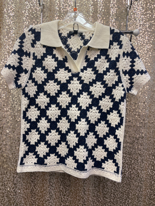 CB COLLARED CROCHET TOP MARINE NAVY SHORT SLEEVE