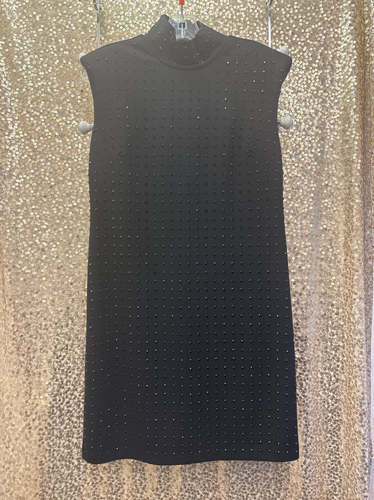 BLACK SLEEVELESS TURTLE NECK DRESS WITH BLK STONES