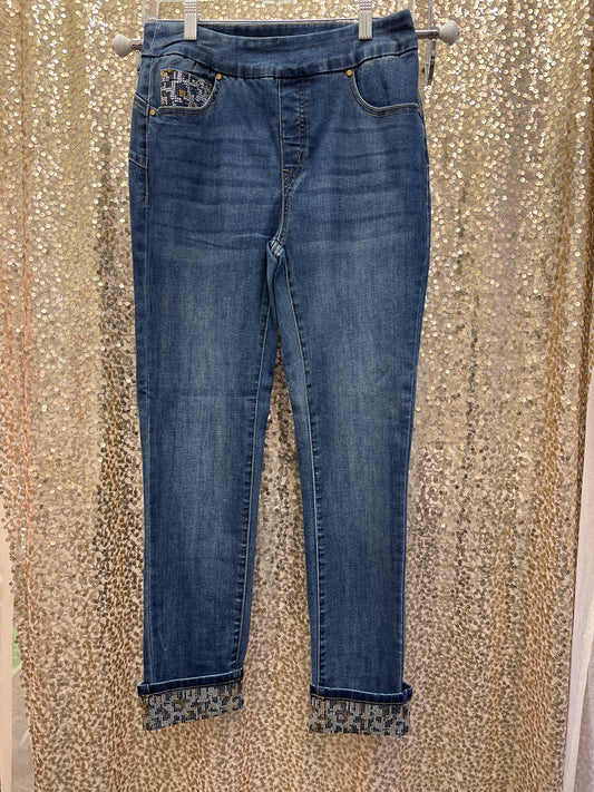 ORLY PULL ON JEANS W/LEO STONE DETAIL ON POCKET & CUFF