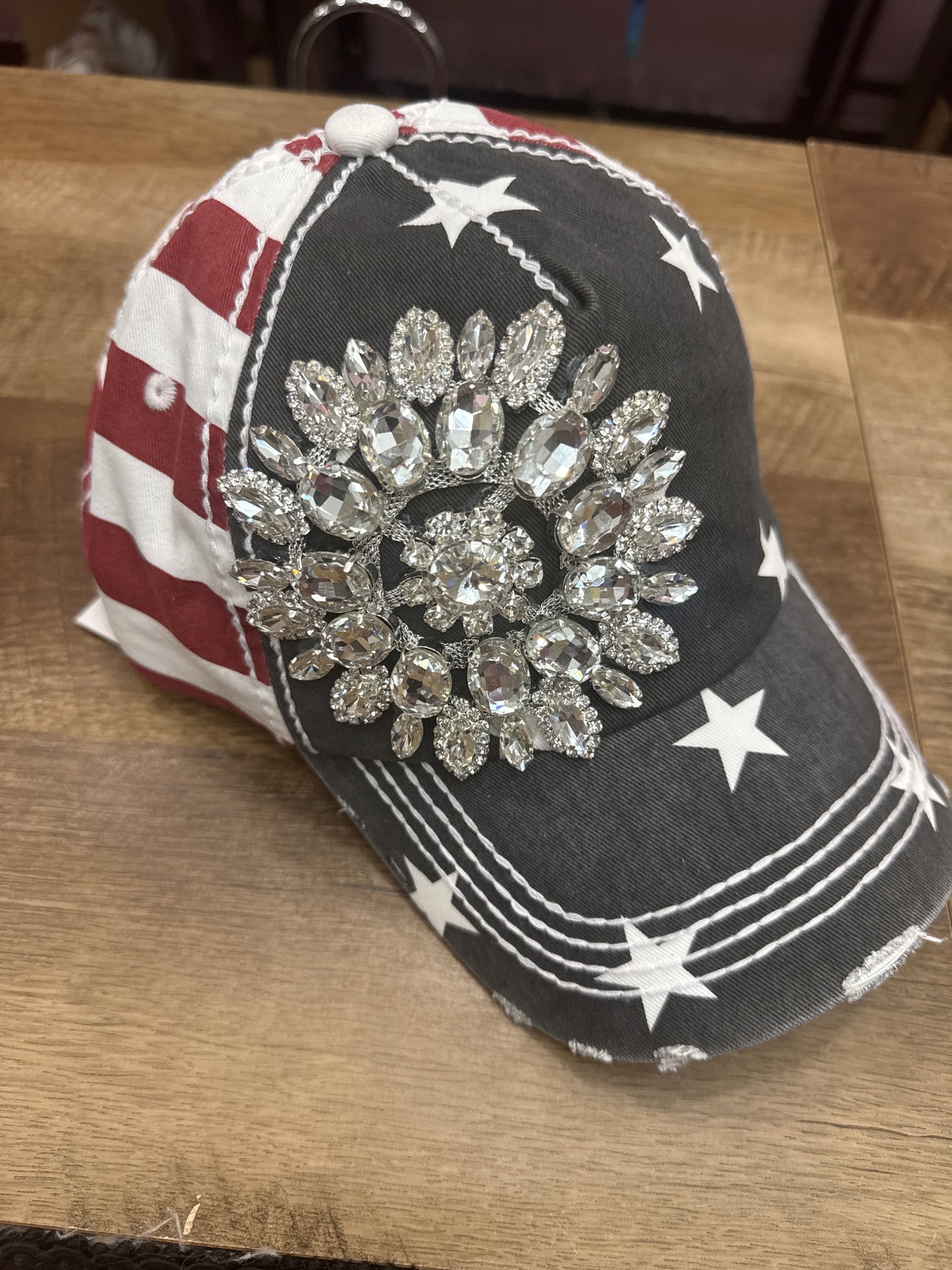 OLIVE & PIQUE SUNFLOWER BEJEWELED GLITZ USA CAP ADJUSTABLE