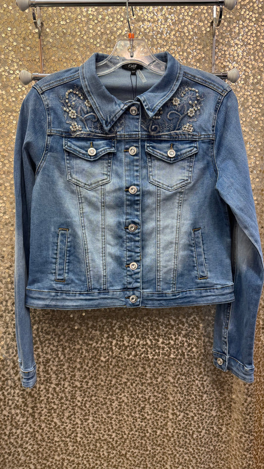 ORLY PEARL AND RHINESTONE EMBELLISHED DENIM JACKET