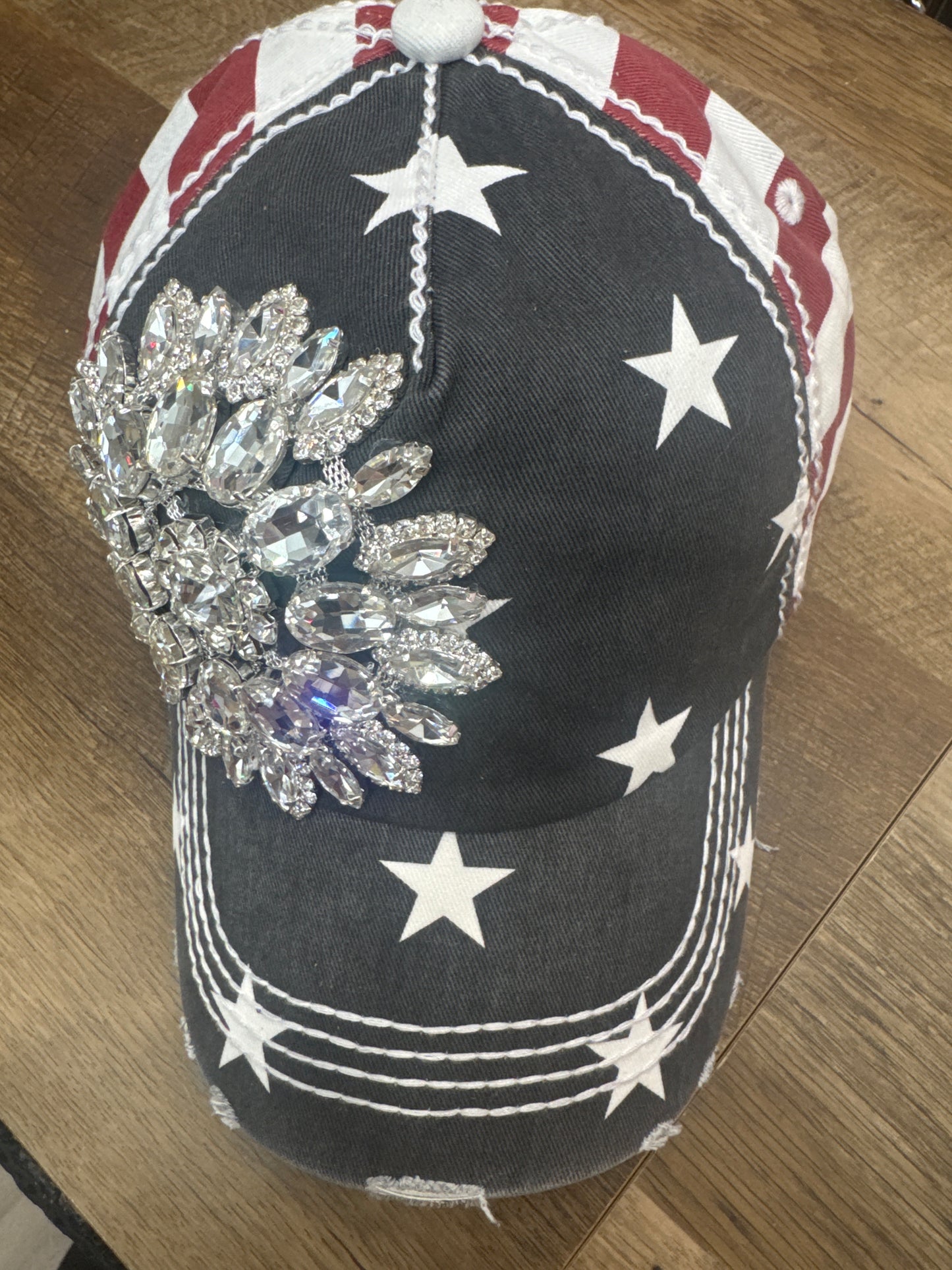 OLIVE & PIQUE SUNFLOWER BEJEWELED GLITZ USA CAP ADJUSTABLE