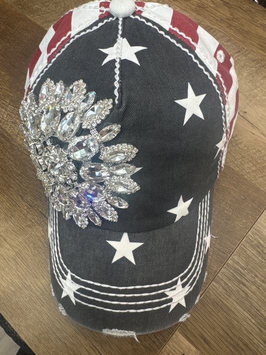 OLIVE & PIQUE SUNFLOWER BEJEWELED GLITZ USA CAP ADJUSTABLE