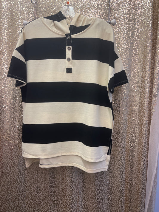 HAYDEN BLK/CREAM S/S STRIPE HOODIE TOP