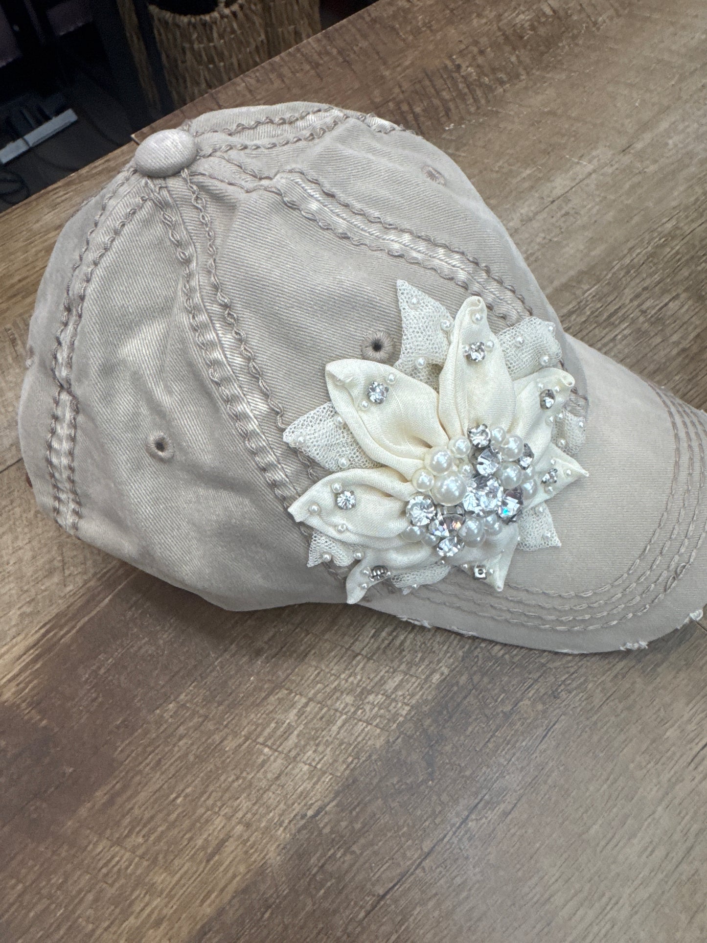 O&P SILK FLORAL DESIGN W/PEARLS & STONES KHAKI