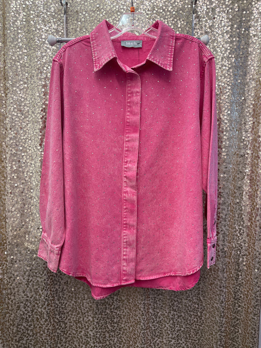 BLUEB HOT PINK RHINESTONE BUTTON FRONT SHIRT