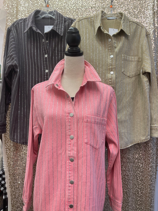 BLUE B EMBELLISHED SPARKLE STONE STRIPE BOYFRIEND SHIRT