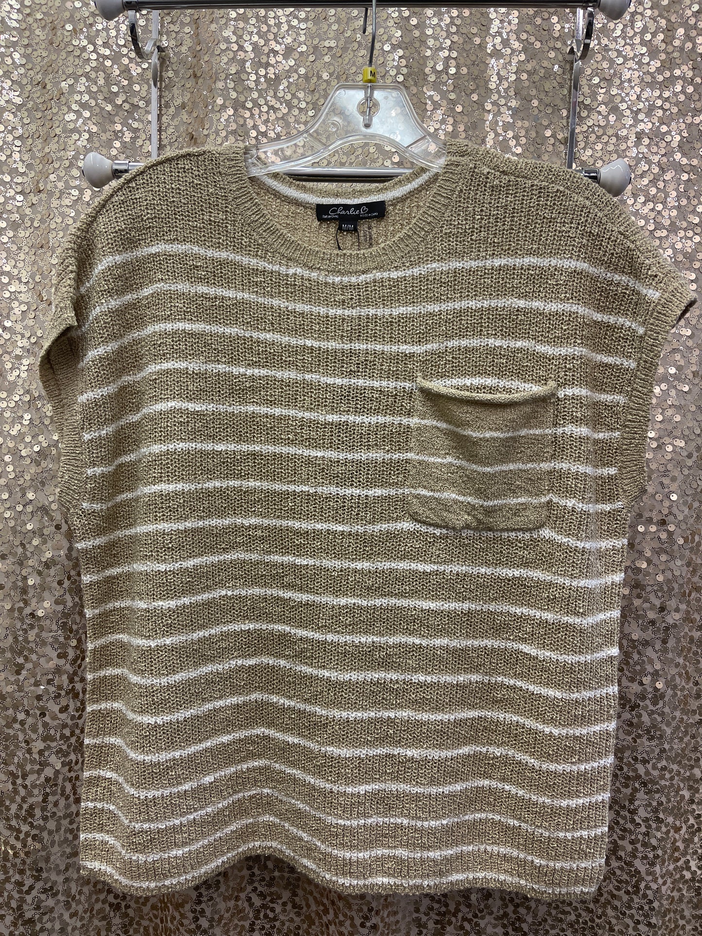 CB STRIPED DROP CAP SLEEVE CREW NECK SWEATER, SAND