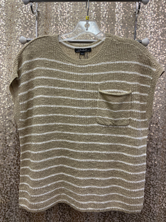 CB STRIPED DROP CAP SLEEVE CREW NECK SWEATER, SAND