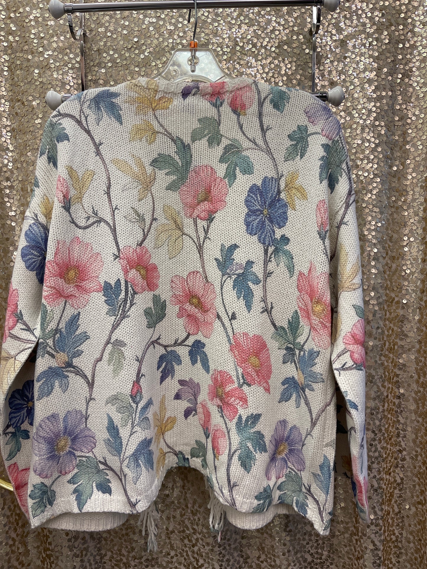 POL CREAM FLORAL SWEATER TRIMMED IN FRINGE