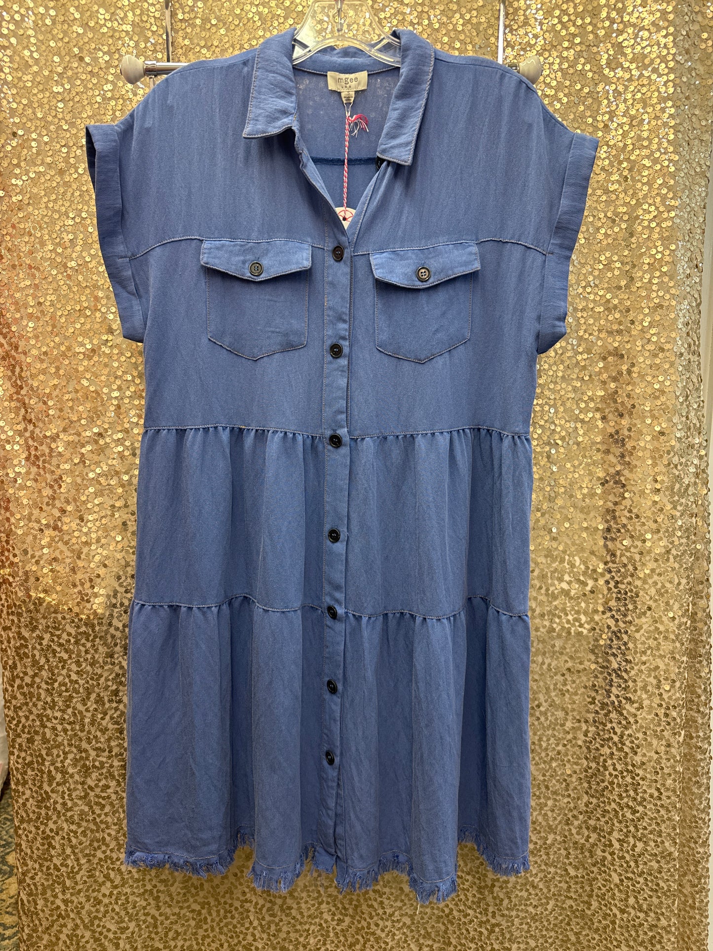 UMGEE DENIM BLUE TENCEL LIKE TIERED DRESS MIDI