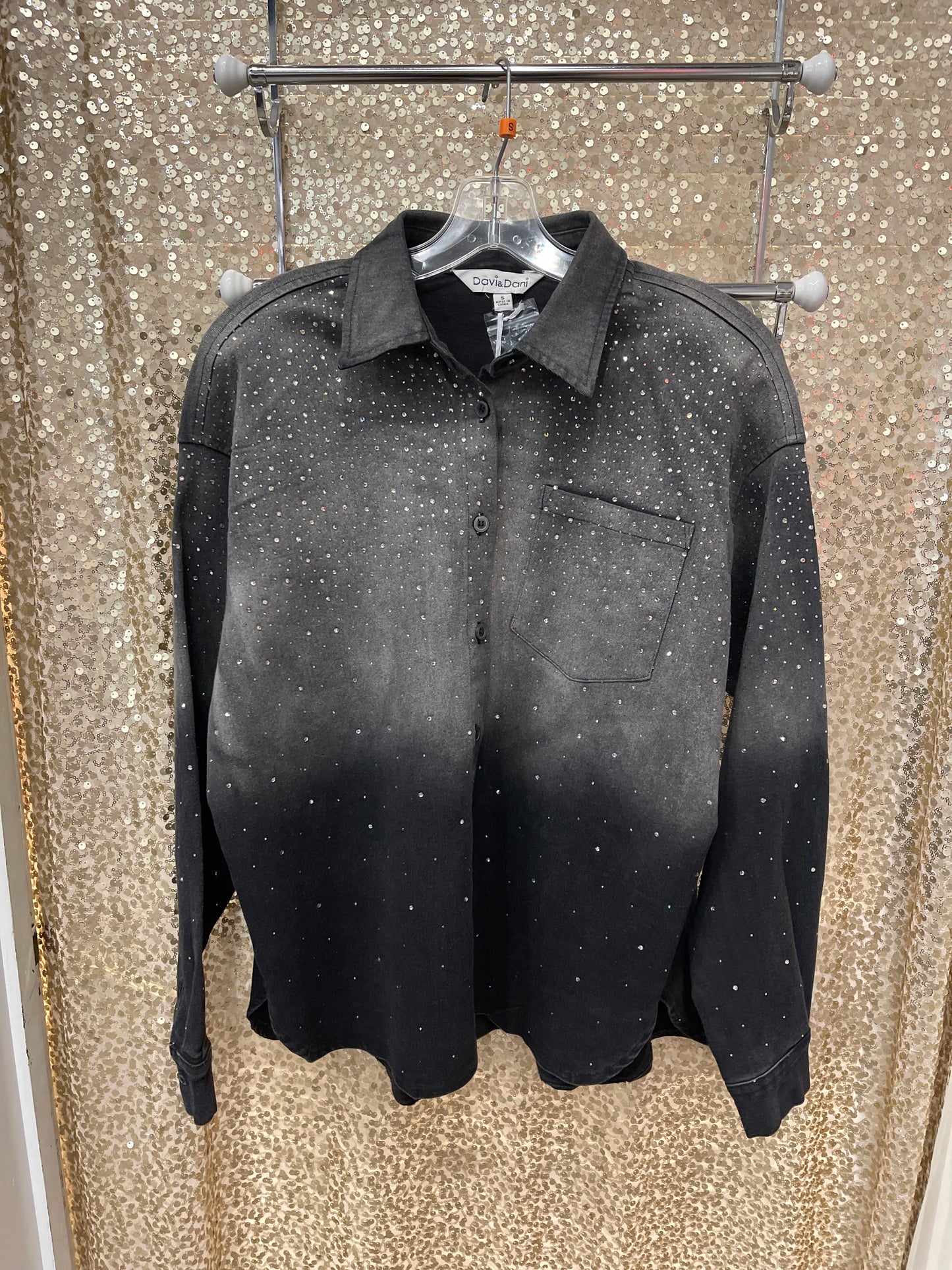 D&D BLACK OMBRE RHINESTONE L/S DENIM SHIRT