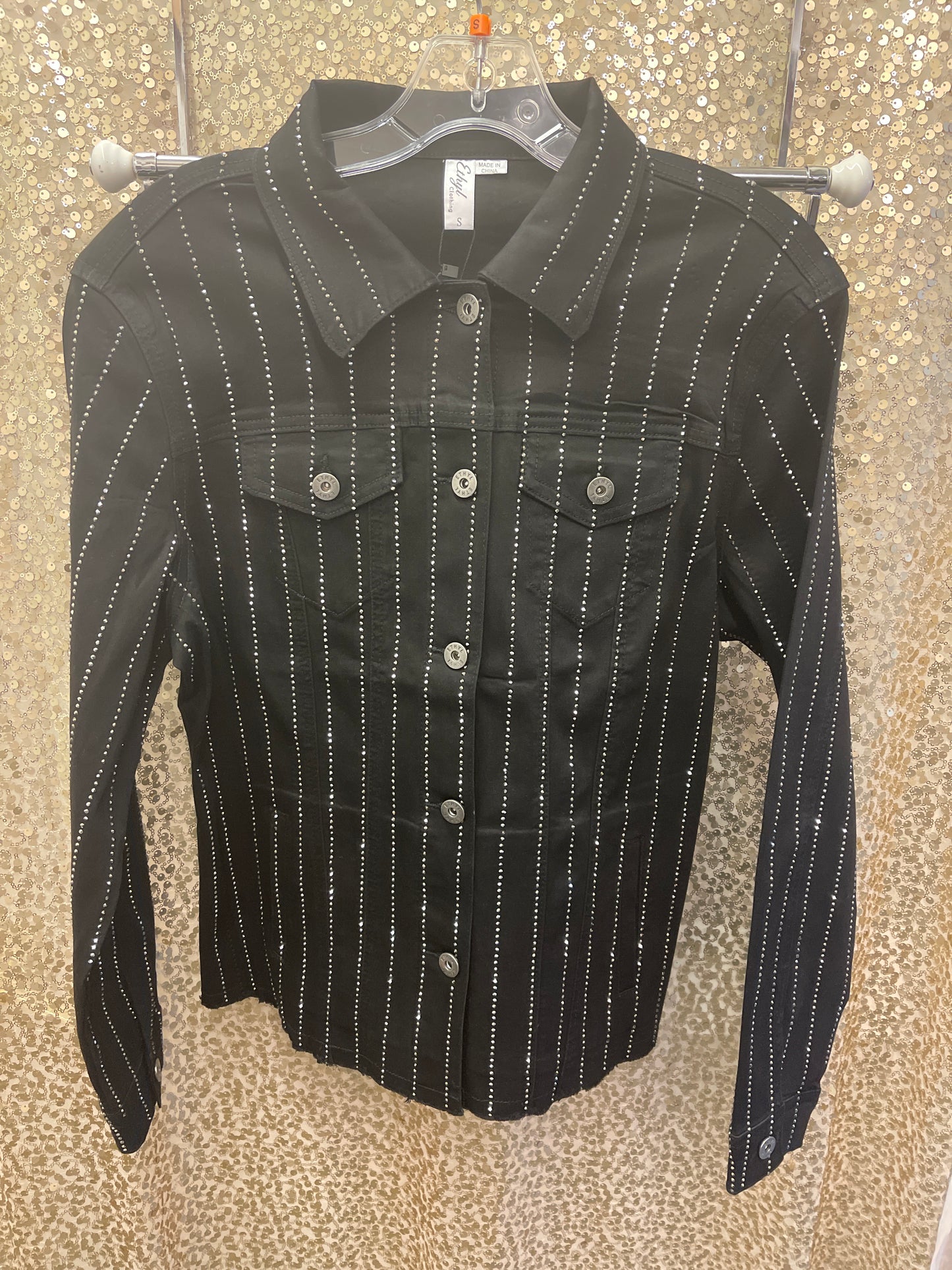 ETHYL DENIM RHINESTONE JACKET MEDIUM WASH & BLACK DENIM