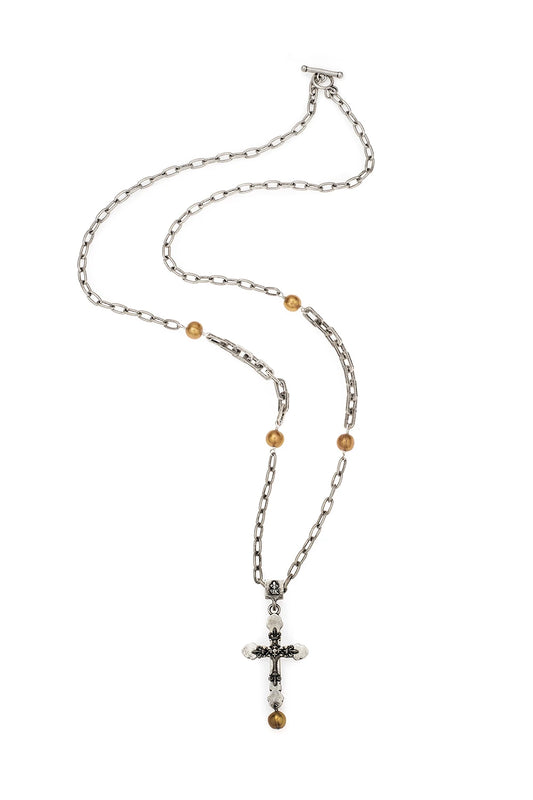 THE LOLA NK 38" DOUBLE CROSS, FRESHWATER GOLD PEARLS