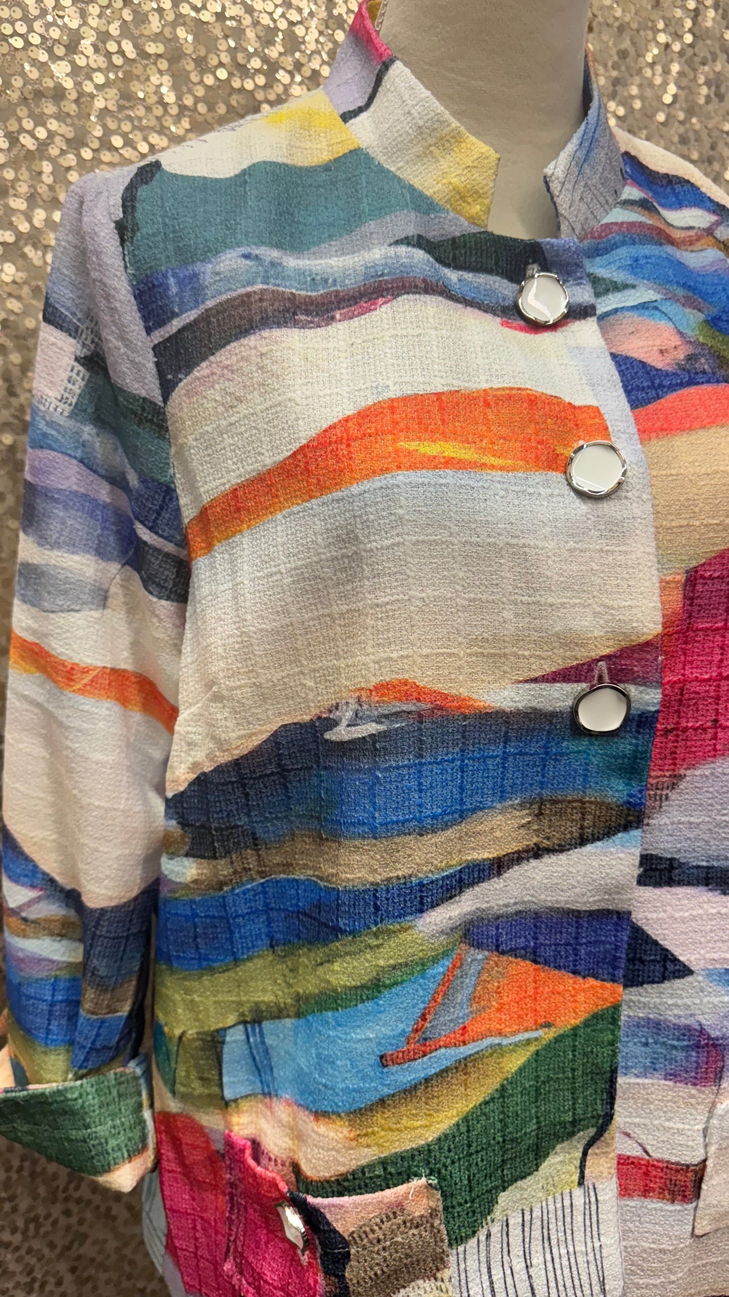 LG HANDPRINTED STAND COLLAR JACKET WITH BUTTON DETAILS