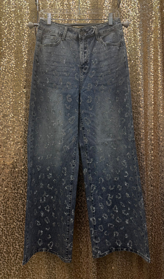 CELLO HIGH RISE WIDE LEG JEANS WITH RHINESTONES