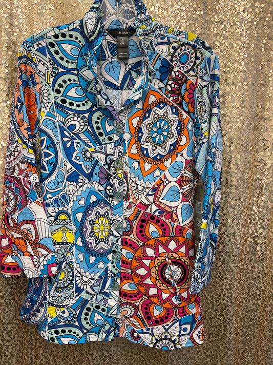 AM BLUE ABSTRACT WOVEN BUTTON FRONT WIRE COLLAR