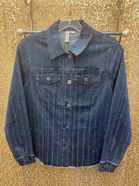 ETHYL DENIM RHINESTONE JACKET MEDIUM WASH & BLACK DENIM