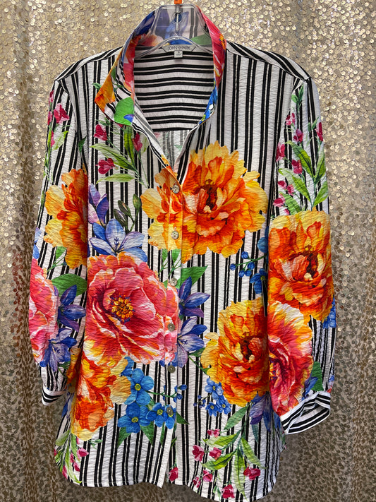 JM BLK/WHITE STRIPE FLORAL BUTTON FRONT TOP