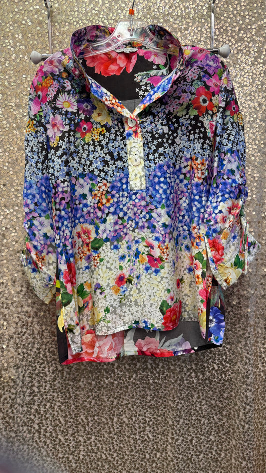 JM FLORAL BUTTON FRONT SHIRT W/ WIRE COLLAR & CINCH TIE SLEEVES