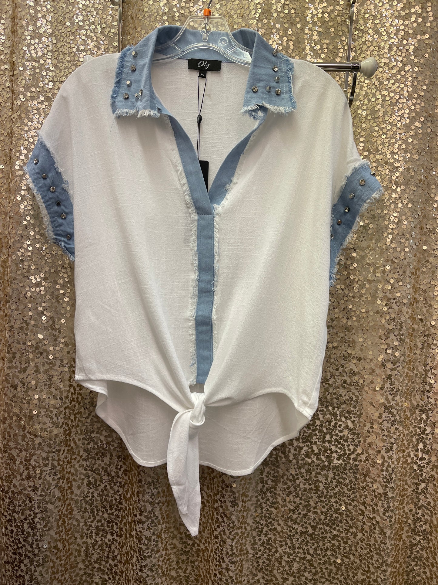 ORLY WHITE/DENIM STUDDED TOP TIE FRONT