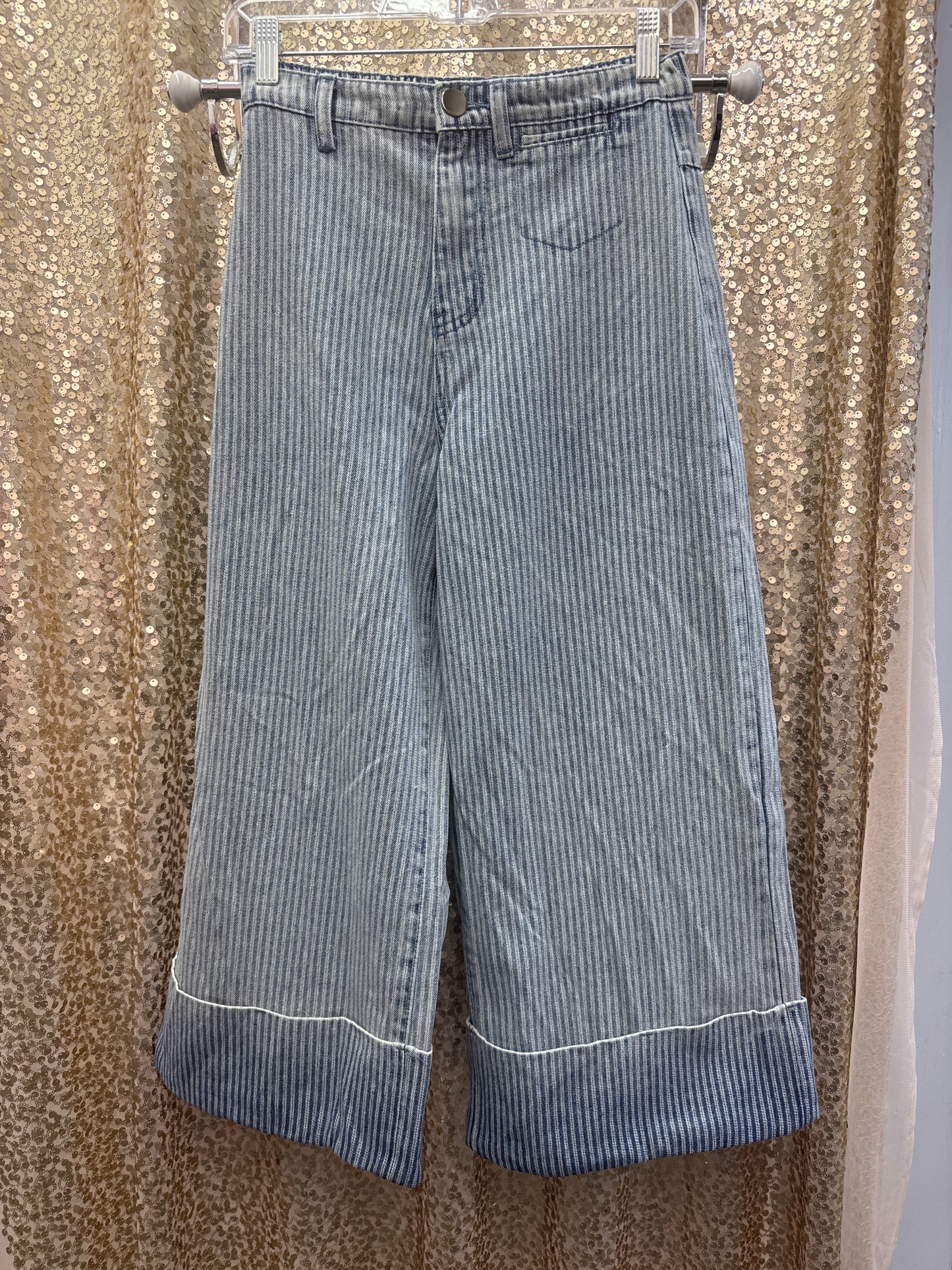 EASEL STRIPPED WASHED DENIM WIDE LEG JEANS W/CUFF
