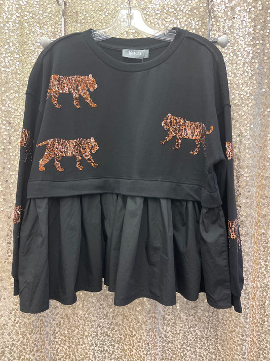 BLUEB TIGER SEQUIN EMBELLISHED BOXY SWEATSHIRT WITH PLEAT