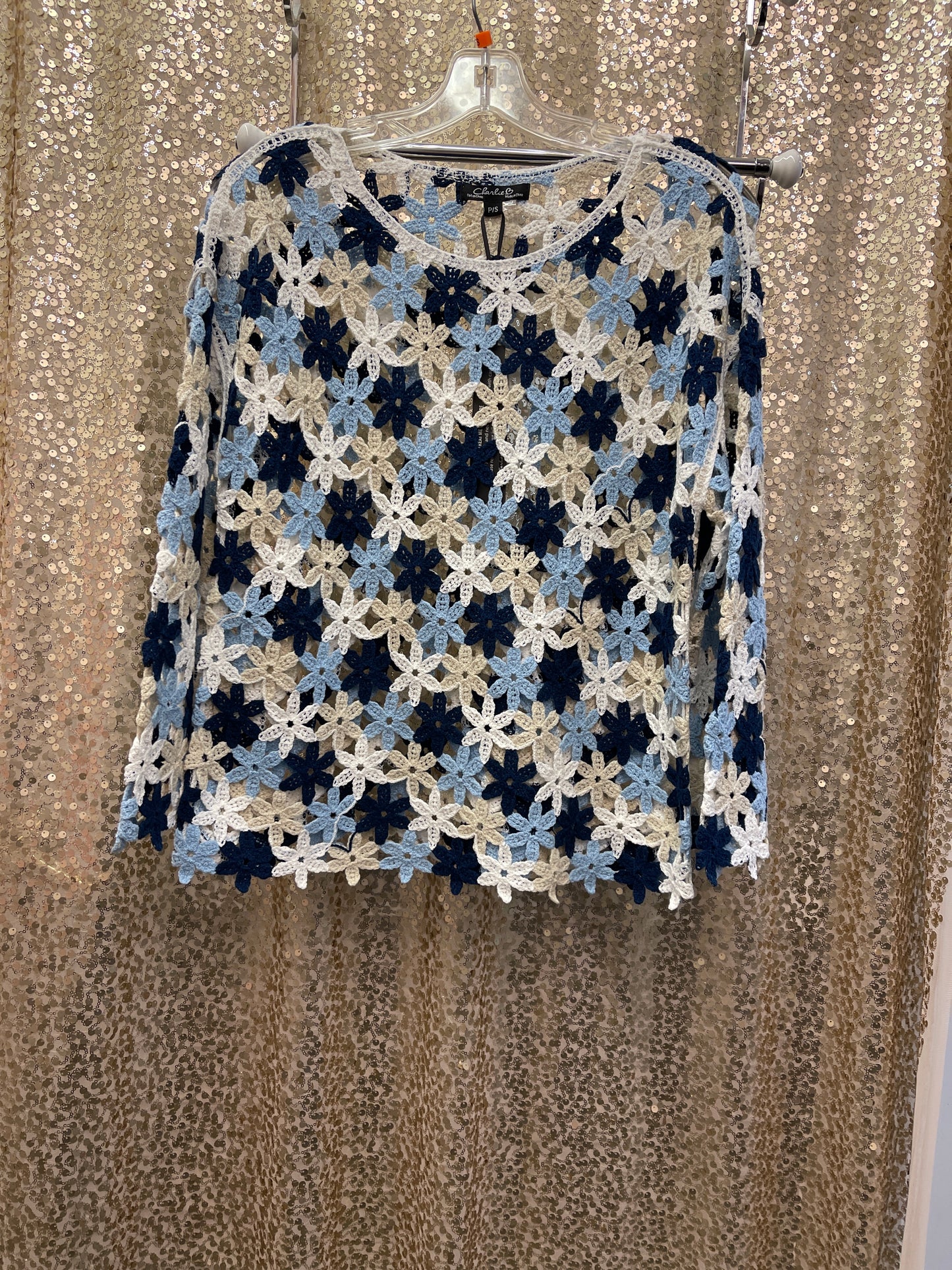 CB 3/4 SLEEVE CROCHET FLOWER BLOUSE