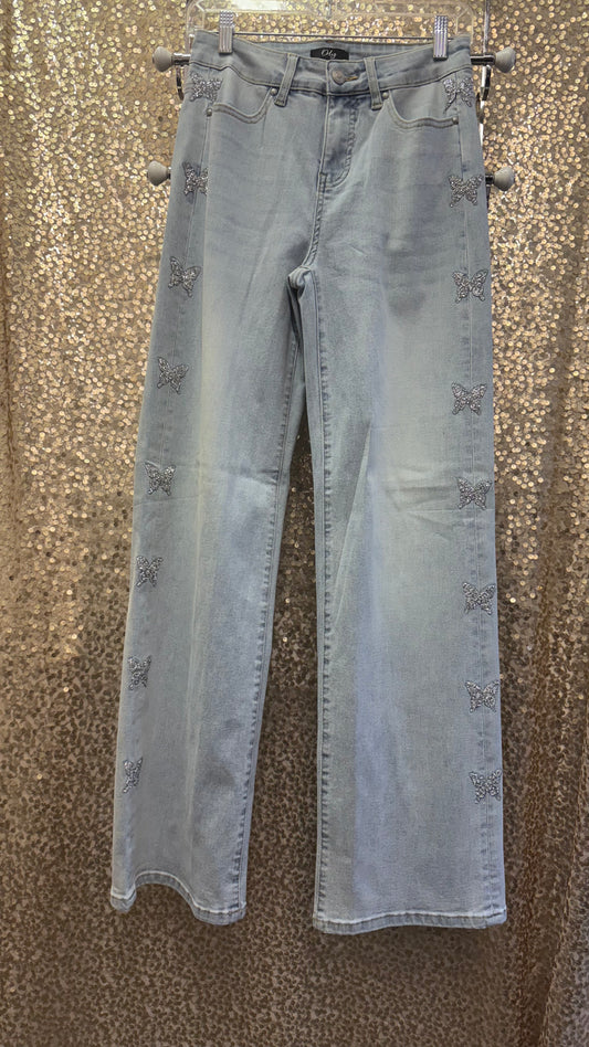 ORLY LIGHT DENIM PANT W/SEQUIN BUTTERFLIES DOWN SIDE