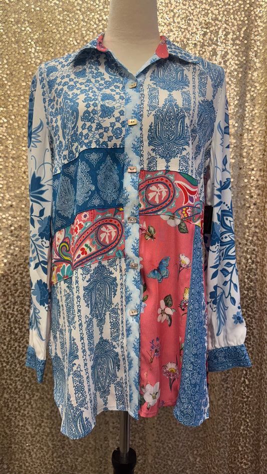 JM MULTI PRINT BUTTON FRONT LONG SLEEVE TOP